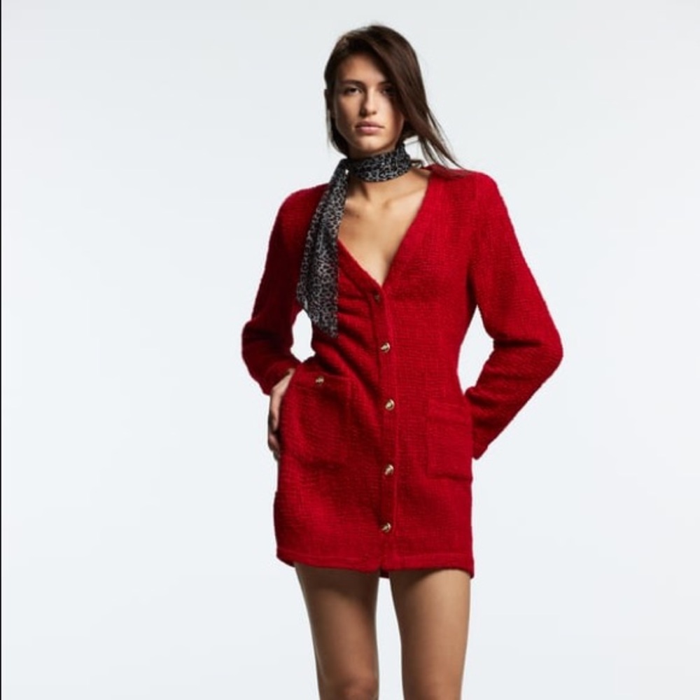 Zara Texture Weaved Red Tweed Dress. Size Small.